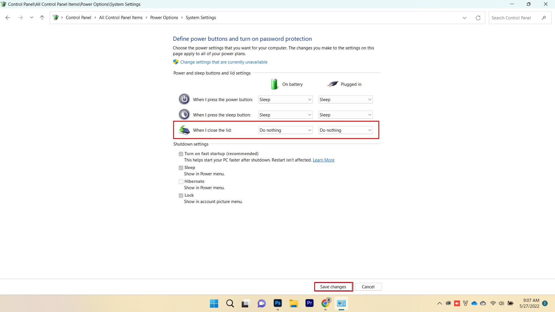 Thiết lập trong System Settings