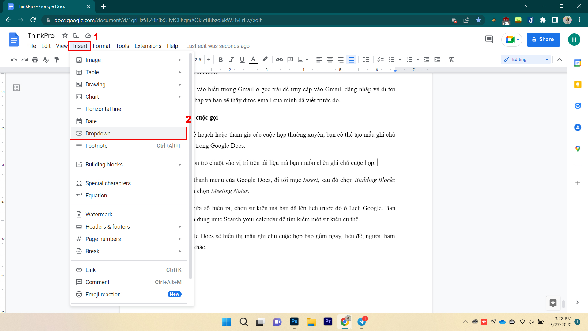 Trên thanh menu của Google Docs, đi tới mục Insert, sau đó chọn Dropdown