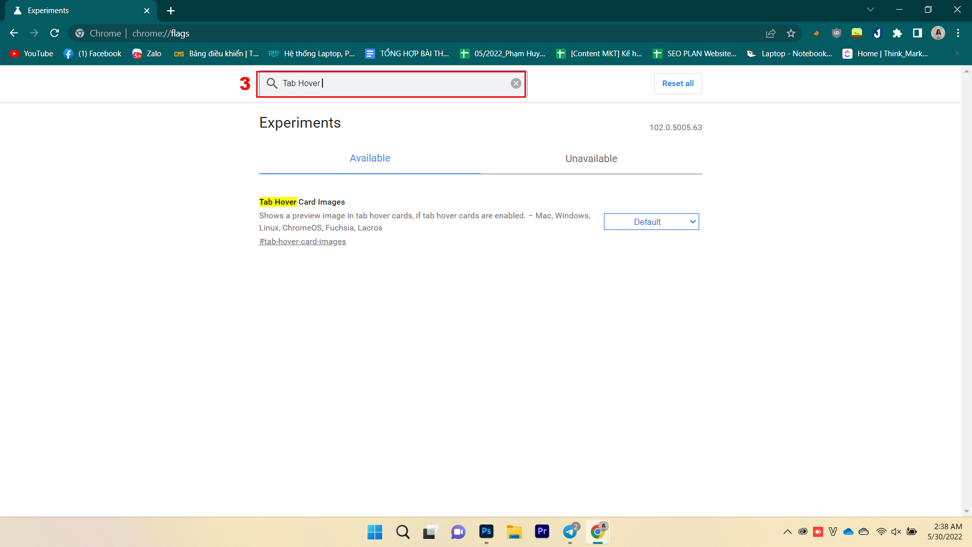 Nhập từ Tab Hover vào ô Search flags rồi nhấn Enter để tìm kiếm