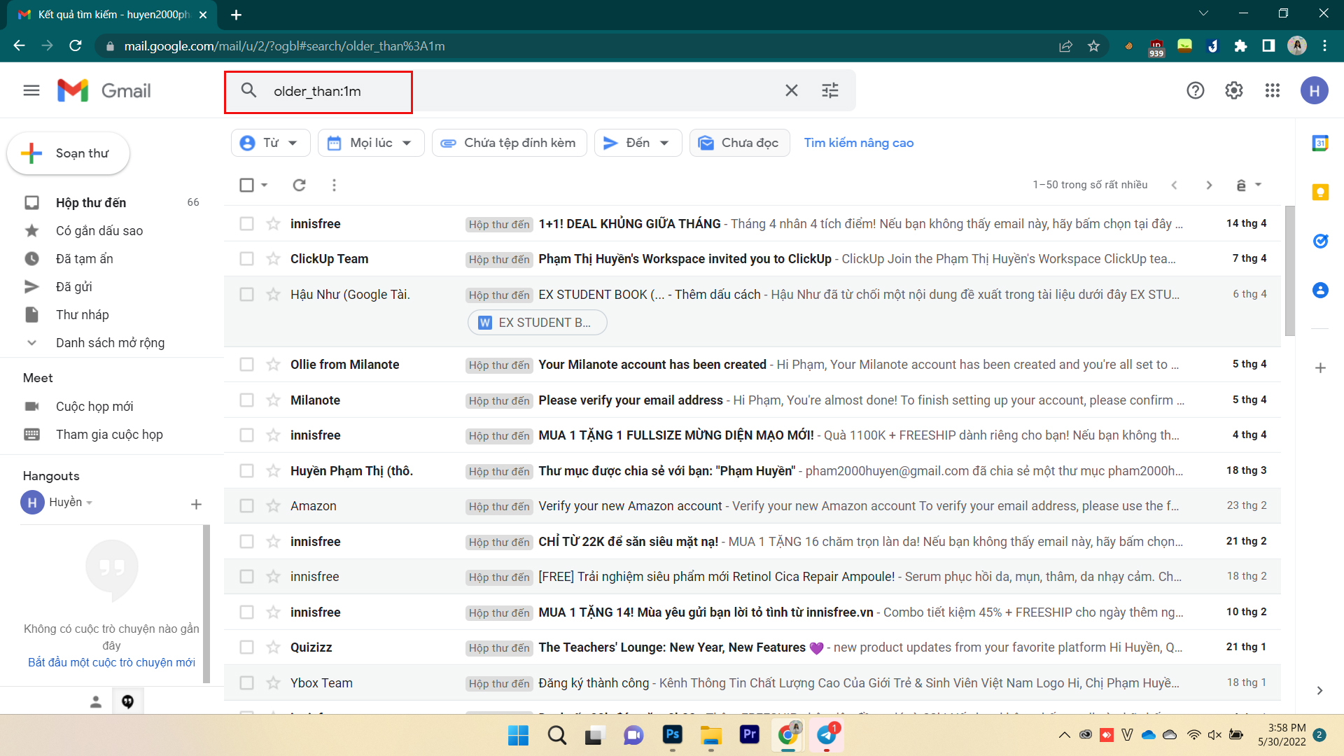 Xoá email đã tồn tại lâu