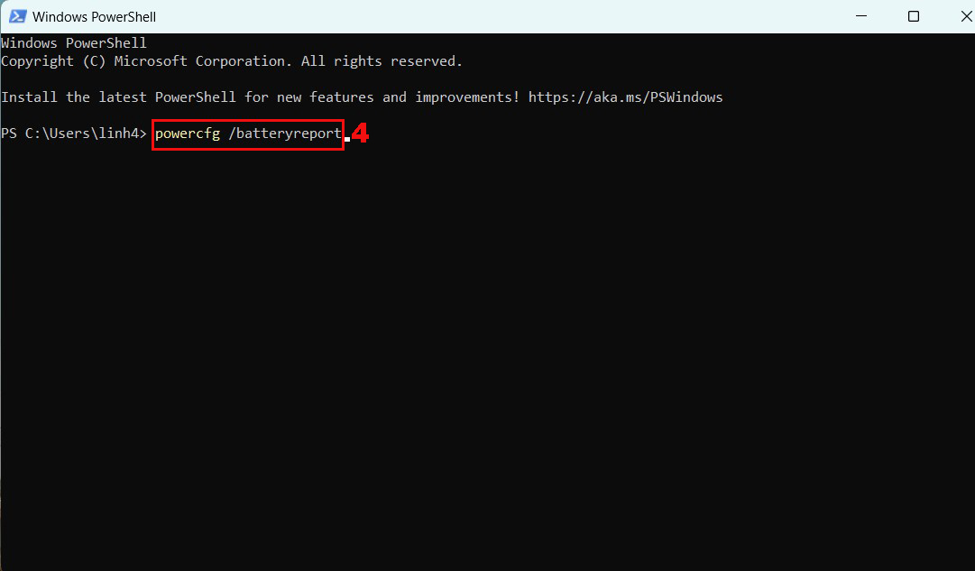  Dán dòng lệnh powercfg /batteryreport vào cửa sổ Windows PowerShell