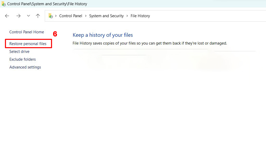 Khi cửa sổ File History, click chọn Restore personal files