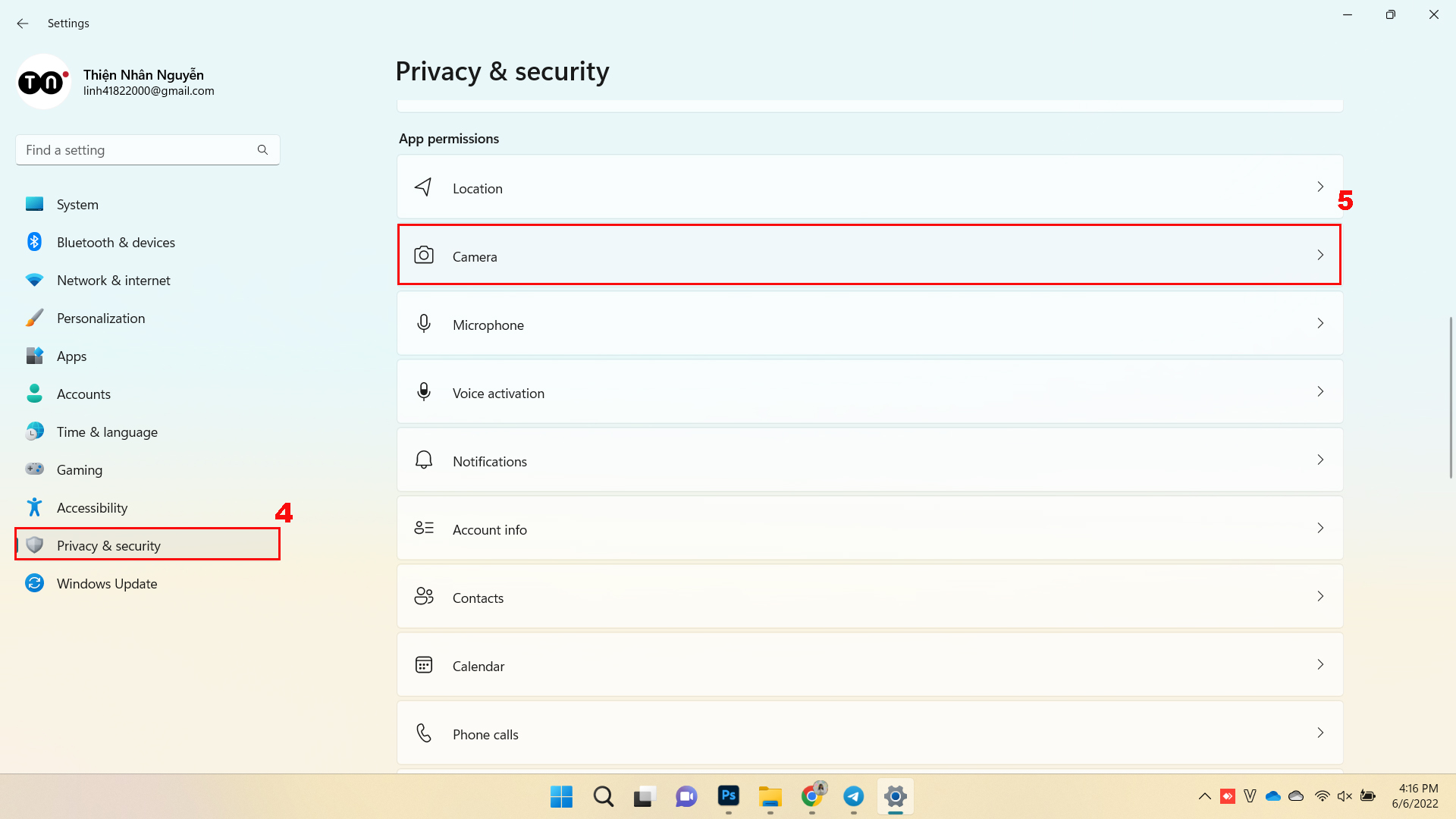 Mở cài đặt ứng dụng để kiểm tra quyền truy cập camera trên Windows.