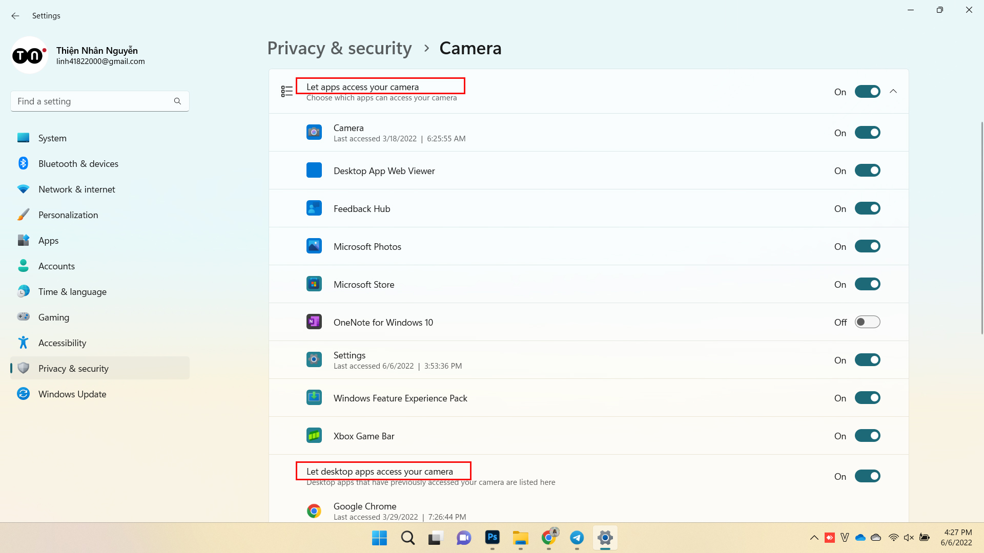 Mở cài đặt Windows để kiểm tra ứng dụng truy cập webcam.