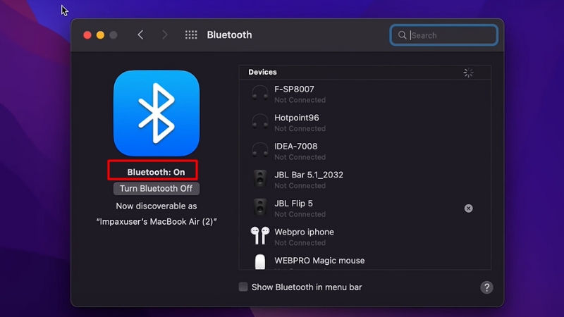 Bật trạng thái Bluetooth