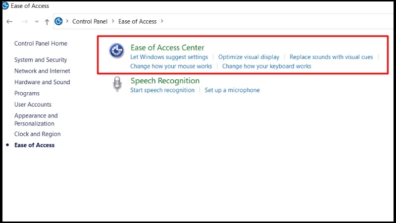 Click vào Ease of Access Center