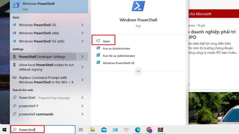 Nhập từ khóa Powershell trong thanh tìm kiếm