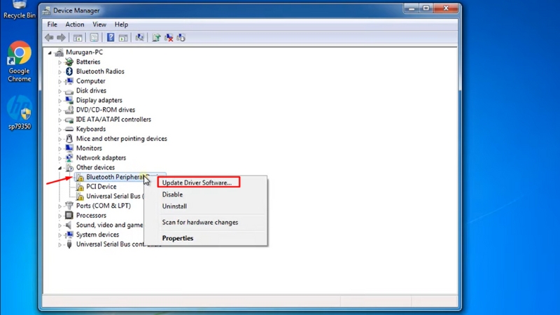 Click chuột phải vào Bluetooth Peripheral Device và chọn Update Driver Software
