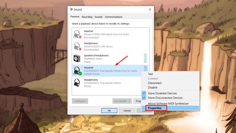 Click chuột phải vào Headset > Properties