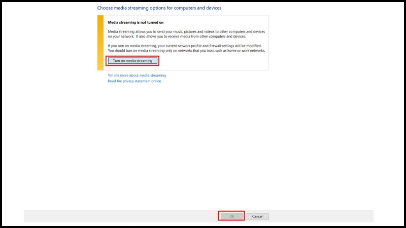 Tiếp tục chọn Turn on media streaming > OK