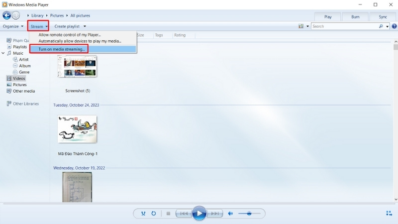 Mở Windows Media Player > Turn on media streaming