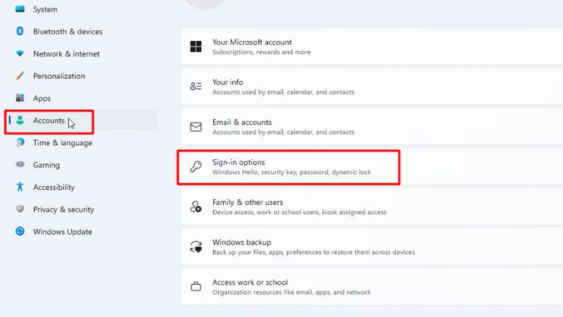 Chọn Account > Sign-in option
