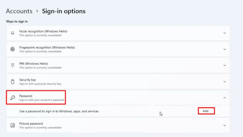 Lướt xuống và chọn Password sau đó Add