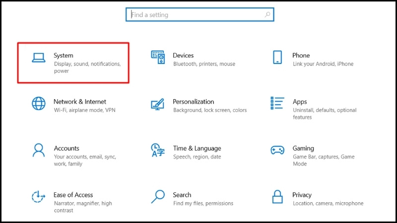 Windows + I sau đó chọn System