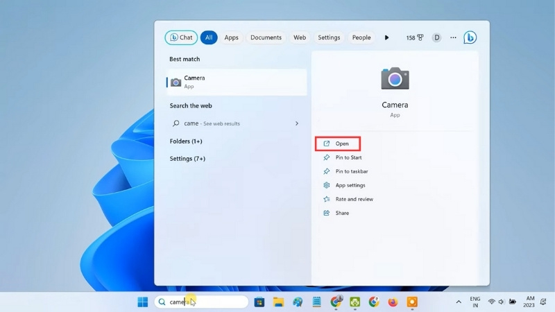 Nhập từ khóa Camera > Open