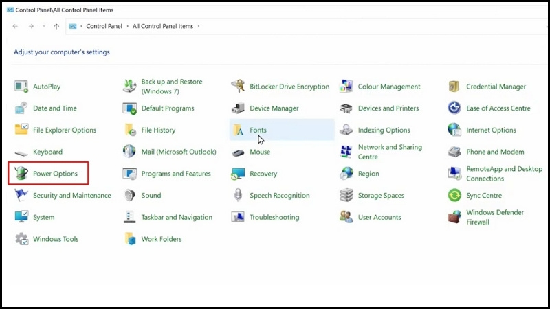 Chọn lựa chọn Power Options