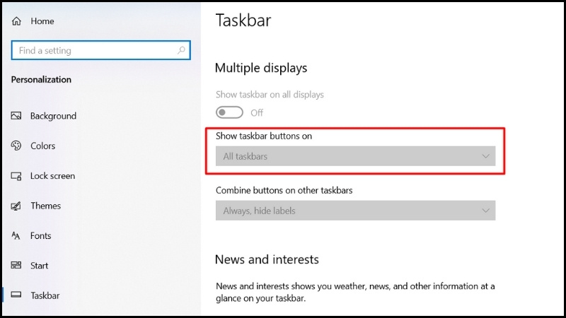 Lựa chọn thanh taskbar sẽ hiện ở màn hình nào