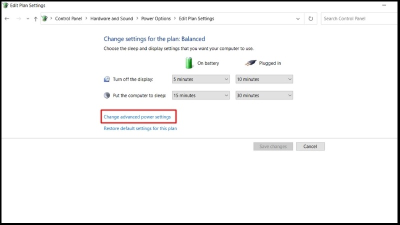 Chọn Change advanced power settings