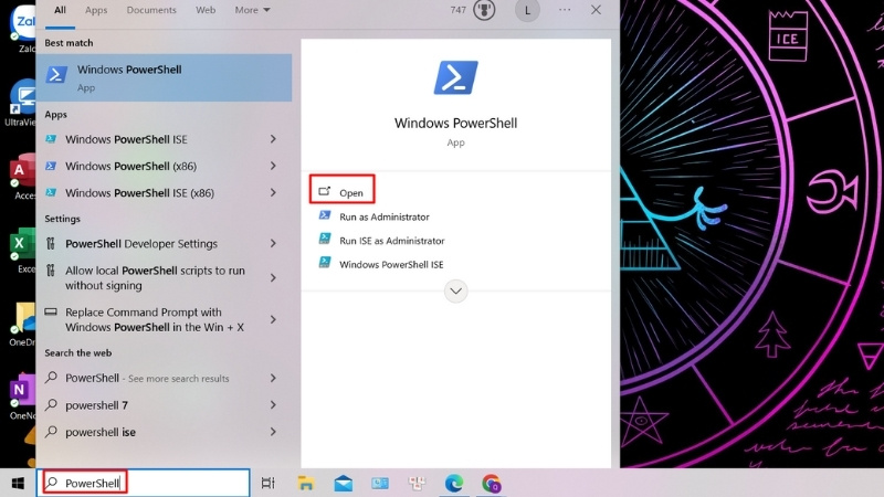 Nhập từ khóa “PowerShell” ở ô tìm kiếm > Open