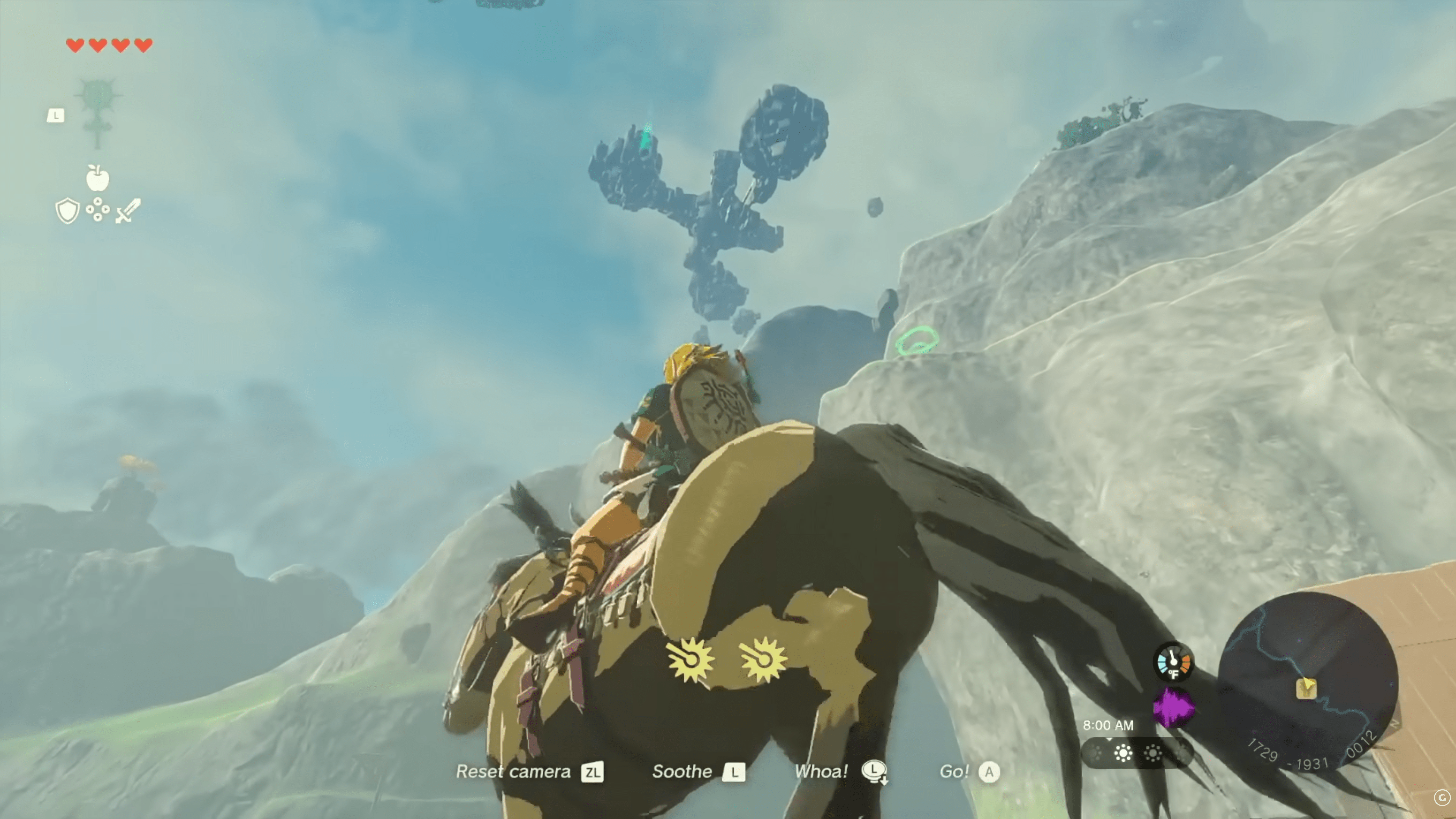 Link nhìn lên bầu trời đầy công trình trôi nổi và vật thể rơi xuống trong The Legend of Zelda: Tears of the Kingdom