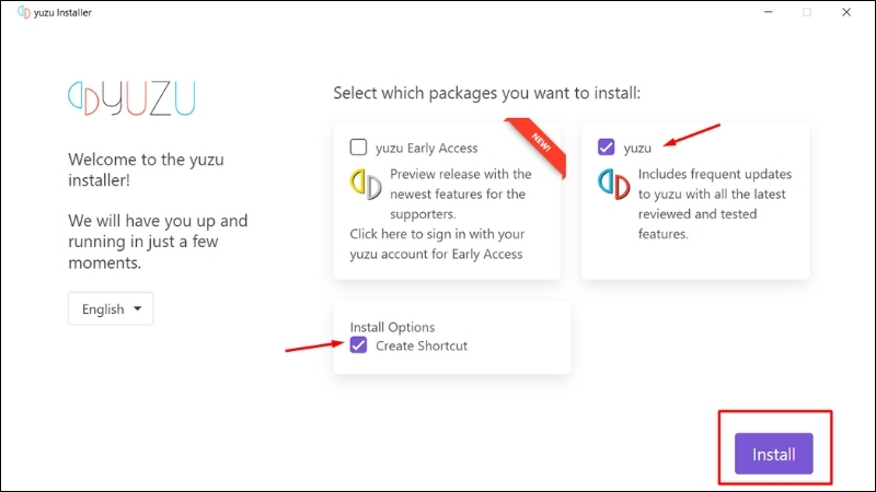 Tích chọn Install yuzu và install options