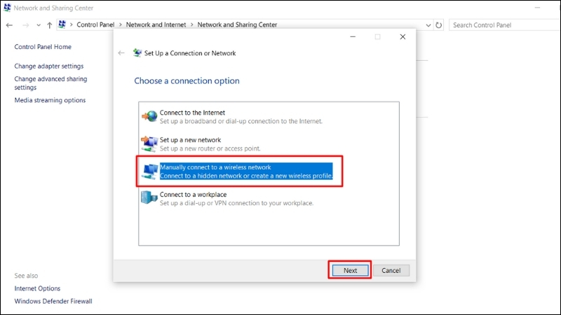 Tiếp theo chọn Manually connect to a wireless network