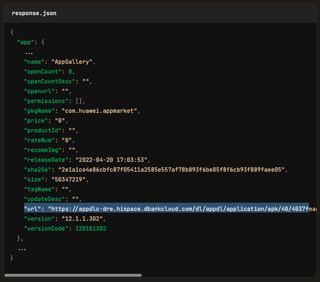 Kết quả trả về bao gồm cả đường dẫn tải ứng dụng