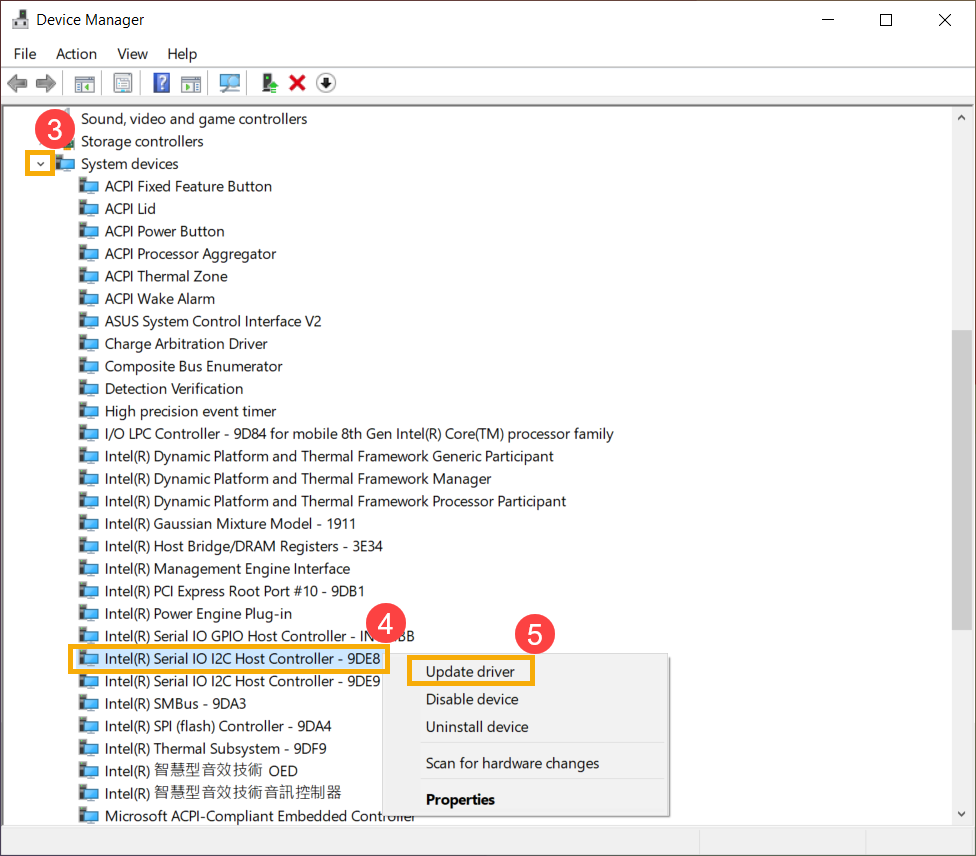 Chọn Intel(R) Serial IO I2C Host Controller và update